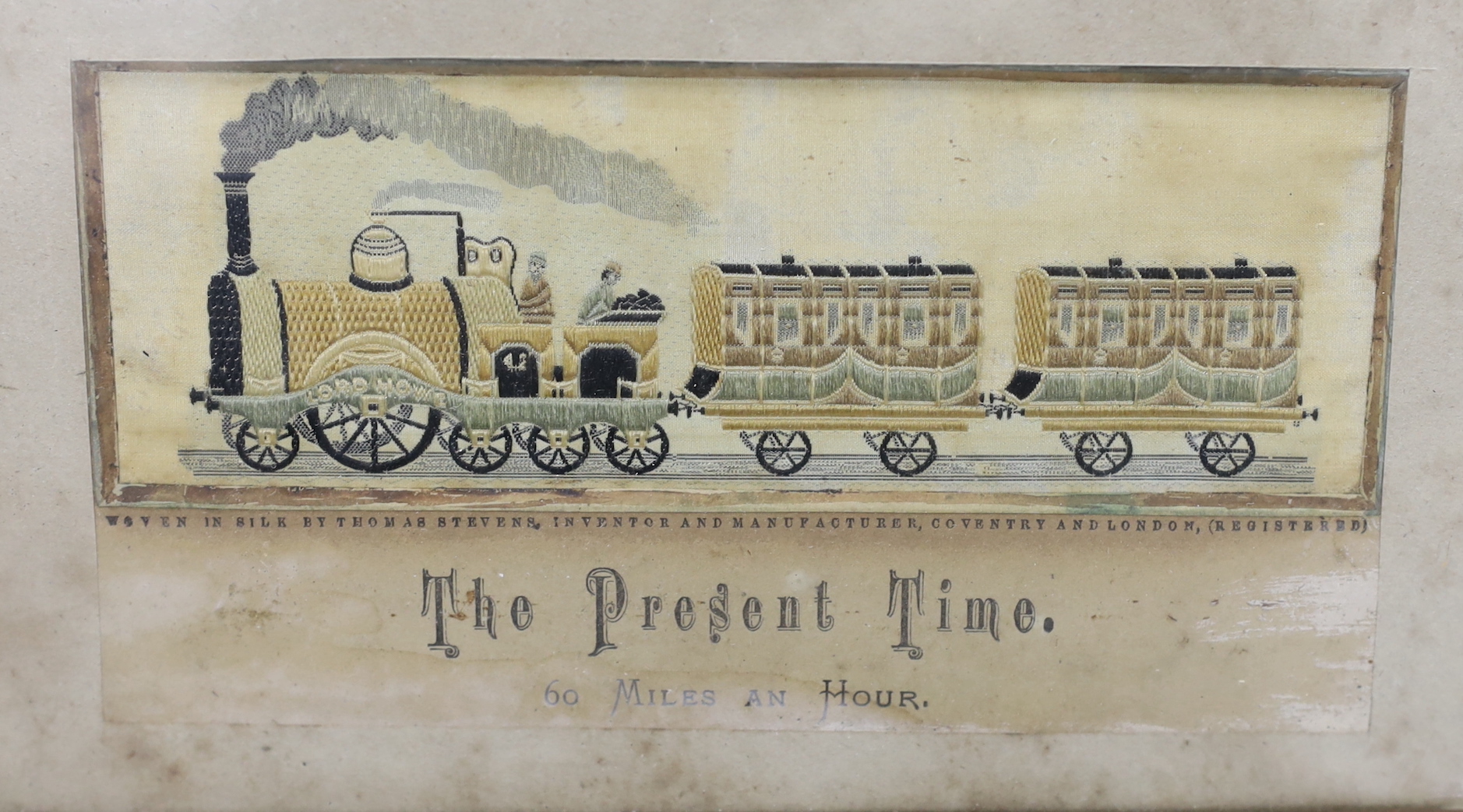 Six small framed silk Stevengraph panels, mounted riders, and an early locomotive, Lord Howell, largest frame 17cm x 22cm